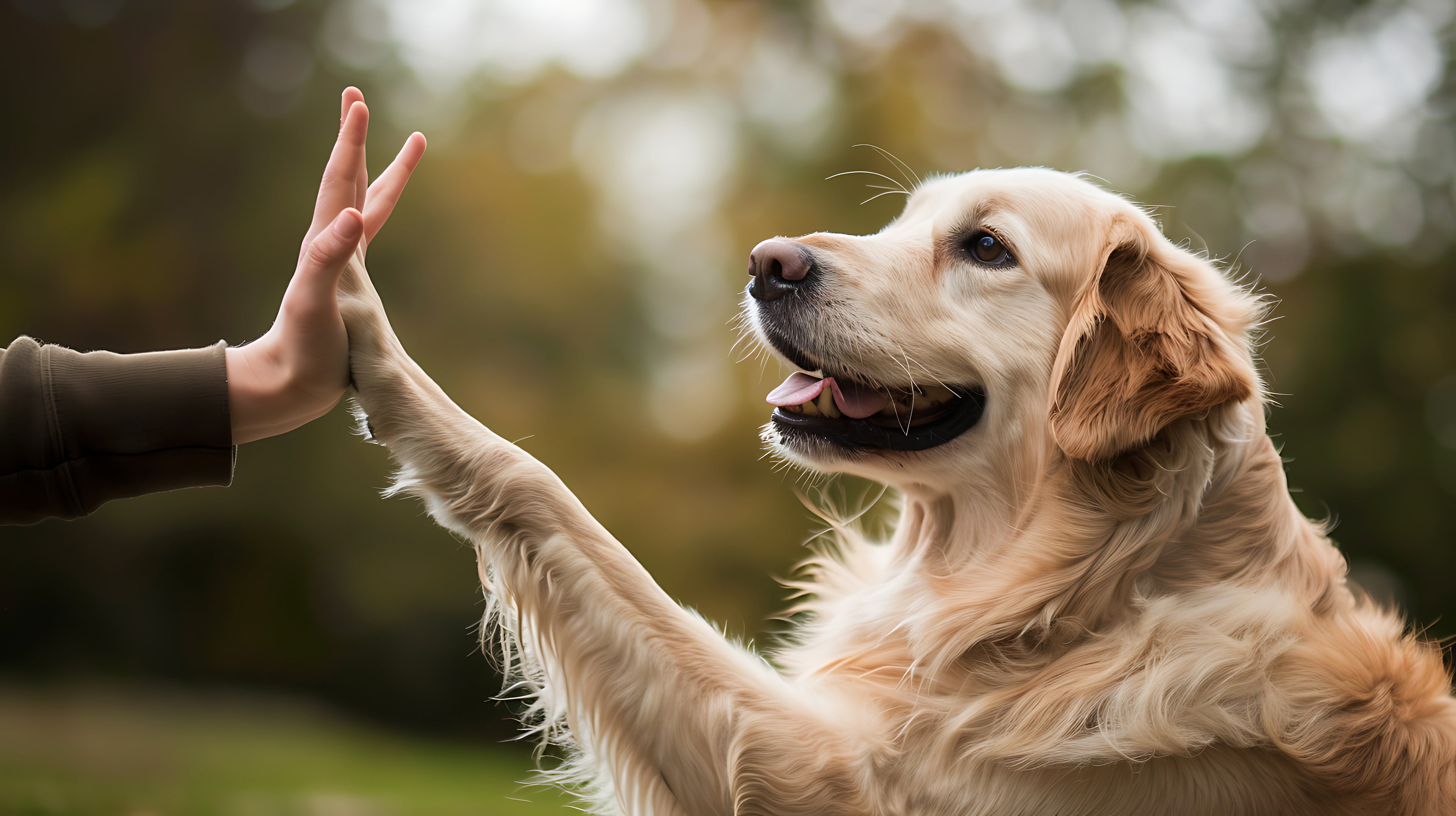 Golden Retriever giving paw to owner